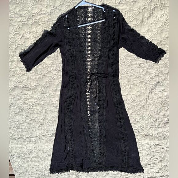 Elan long crochet cover up. Intricate design. Tie with silver ends Size XS - Picture 1 of 11